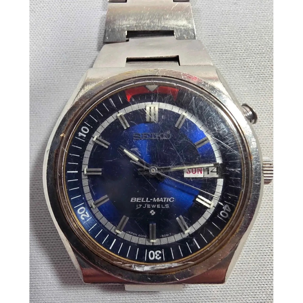 Vintage Seiko Bell-Matic Automatic Blue Alarm Watch Running - SD Padres Engraved